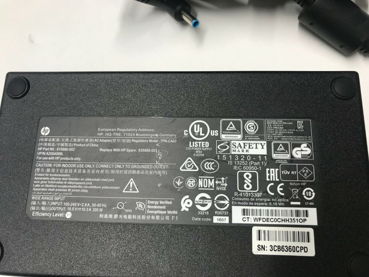 HP 200W Blue Tip AC Adapter Charger Power Supply 19.5V 10.3A 815680 928429-002