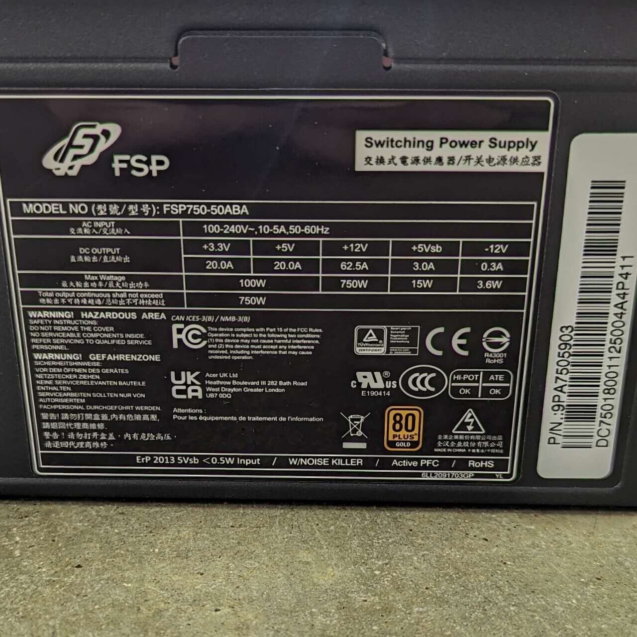 FSP 80 PLUS GOLD 750w ATX Silent Gaming Power Supply PSU Noise Killer Active PFC