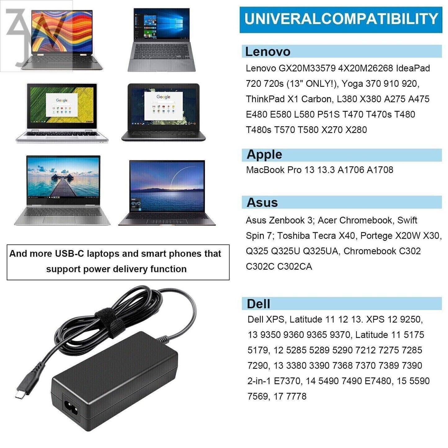 LOT 10 OEM USB Type-C 45W HP Chromebook Lenovo Dell Acer Samsung Laptop Charger