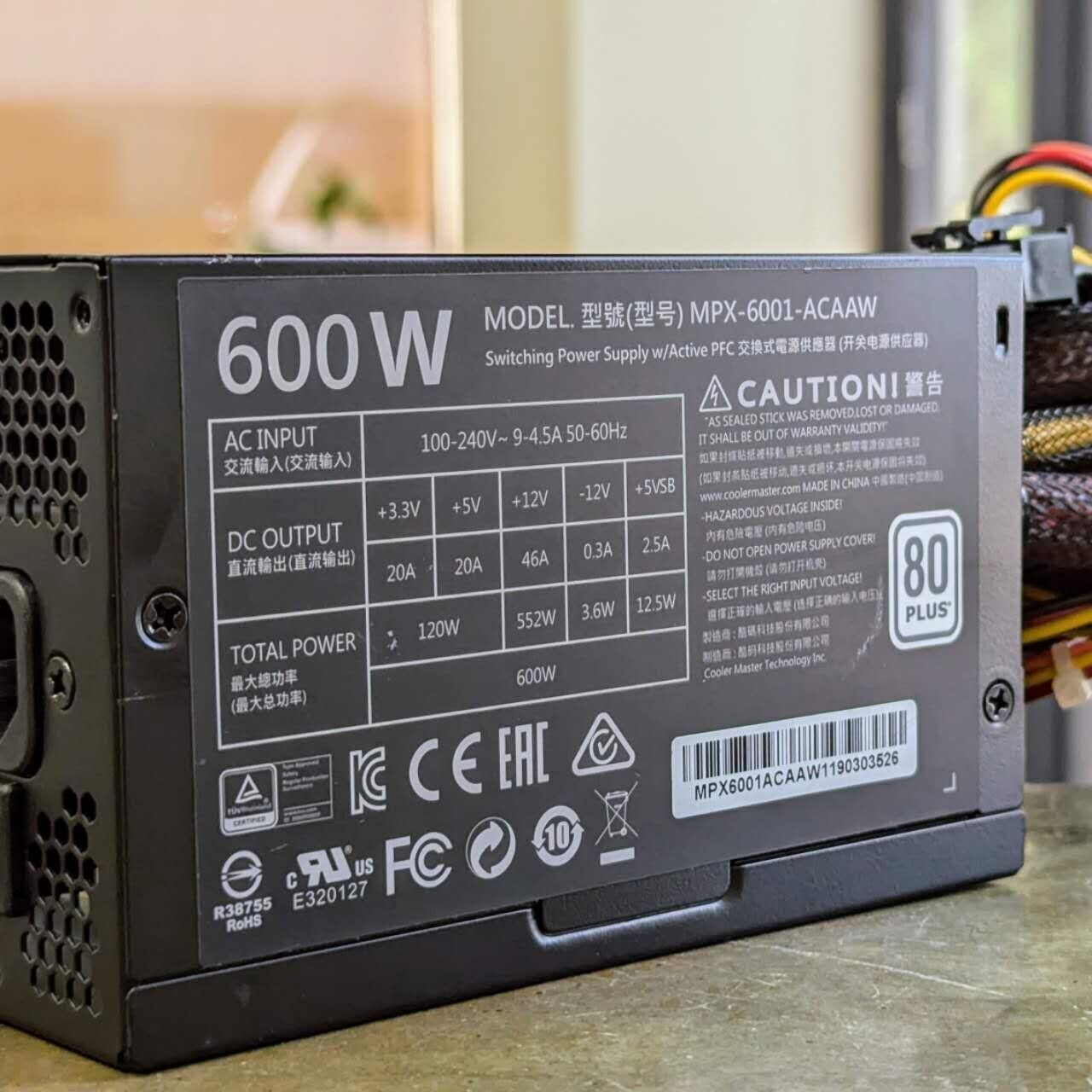 Cooler Master MasterWatt Lite 600 MPX-6001-ACAAW 80 Plus PSU Power Supply 600W