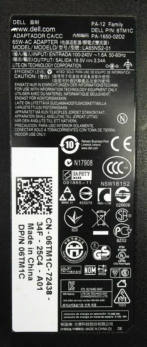 OEM Dell Latitude E7470 E7440 E7270 E6430 Laptop 65W AC Adapter Power Charger