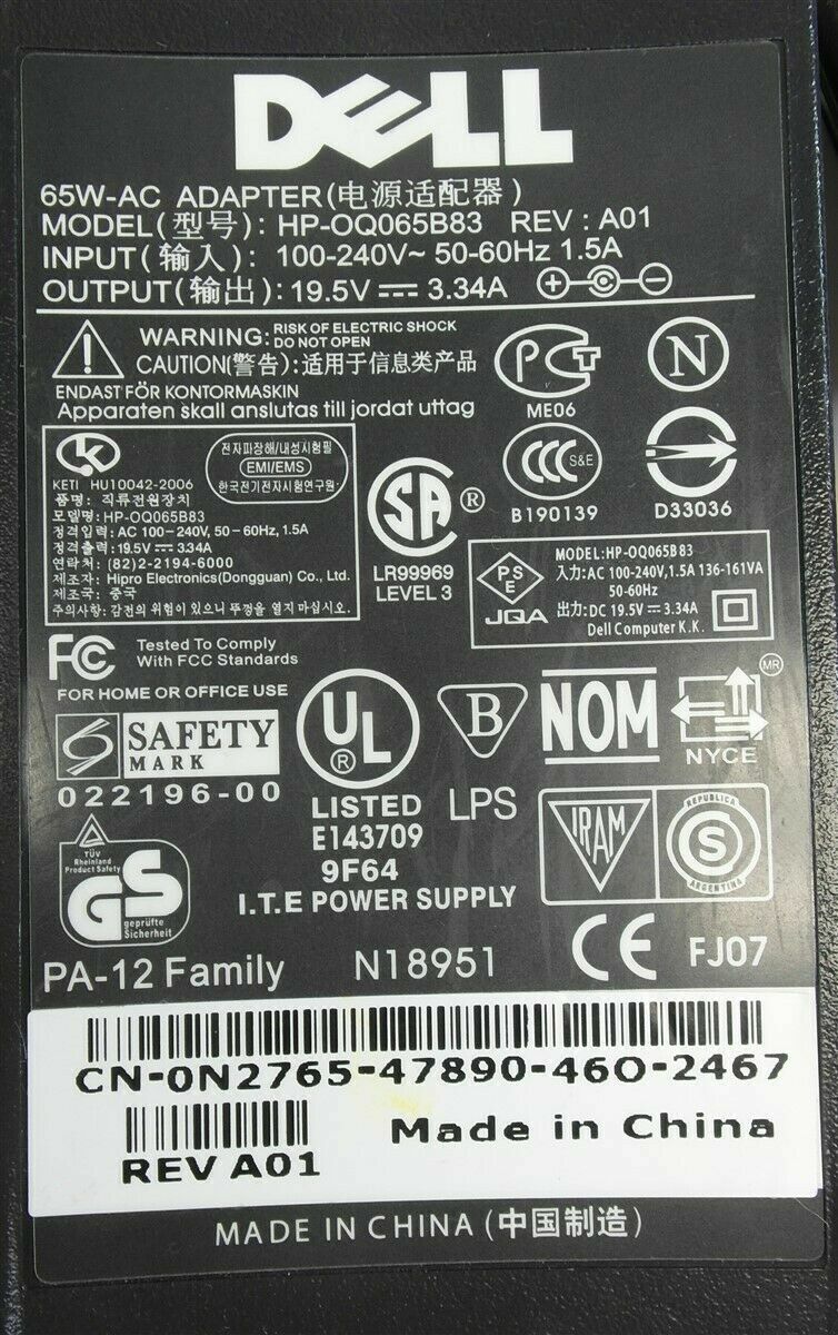 DELL E6420 E6430 E6530 E6440 E5440 65W 19.5V 3.34A AC Charger Power Adapter