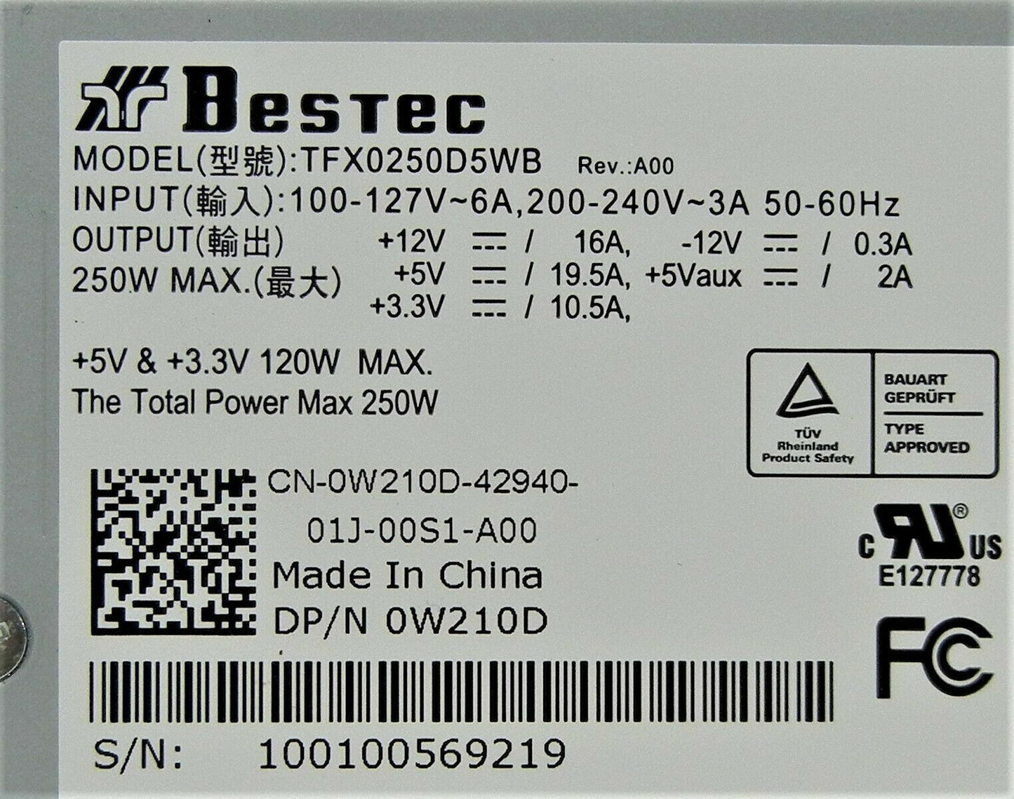 Dell 250W 390 790 990 3010 7010 9010 DT Replacement Power Supply W210D