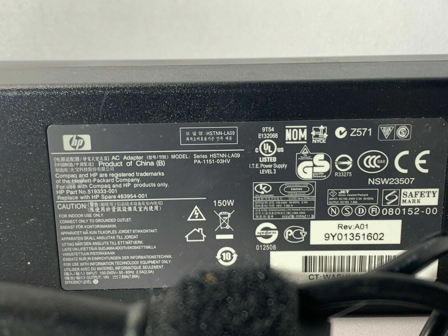 HP 150W 19V 7.89a AC Adapter HSTNN-LA09 519333-001 PA-1151-03 + Power Cord