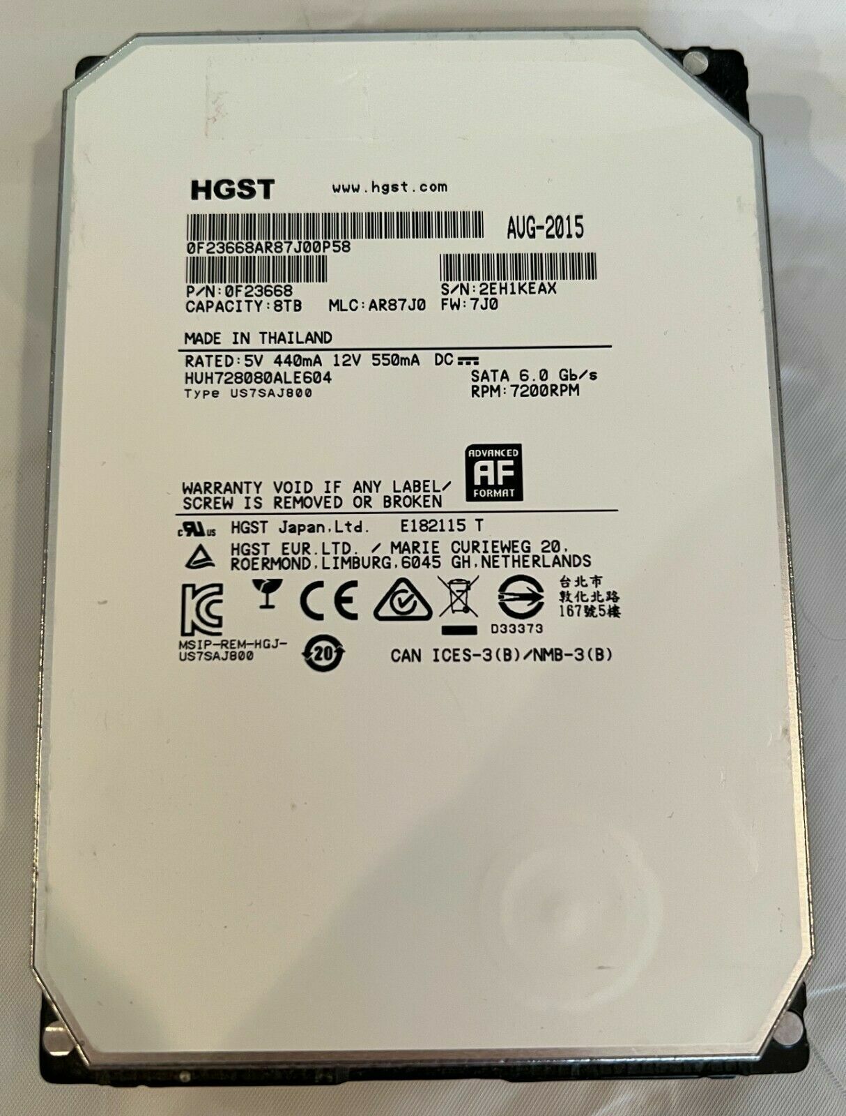 LOT 2 HGST 8TB 0F23668 HUH728080ALE604 Internal HardDrive 3.5 SATA 6Gbps 7200rpm