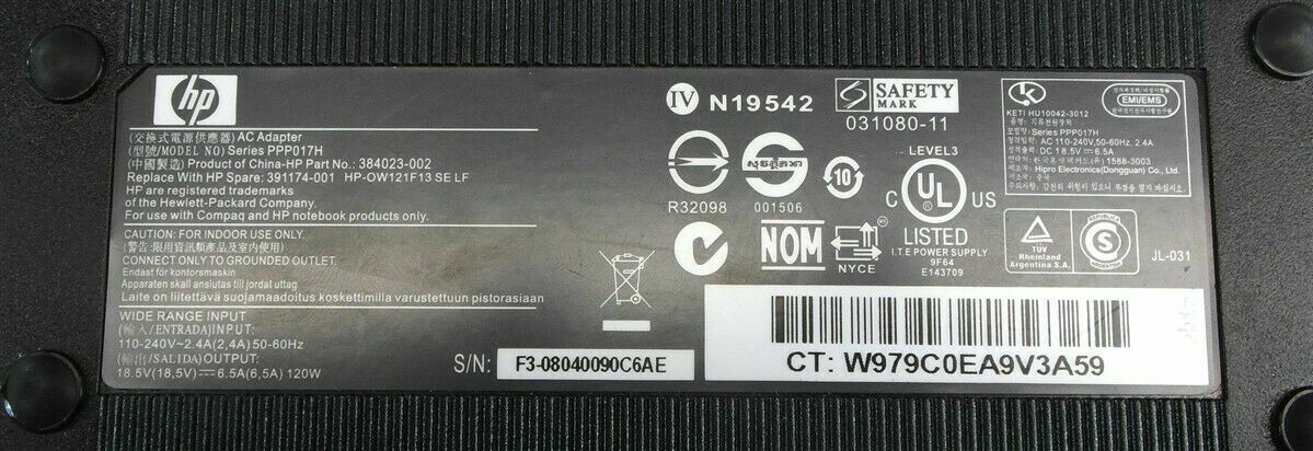 Lot of 10 HP Laptop AC Power Adapters 18.5V 6.5A 120W PA-1121 (Big barrel w/pin)
