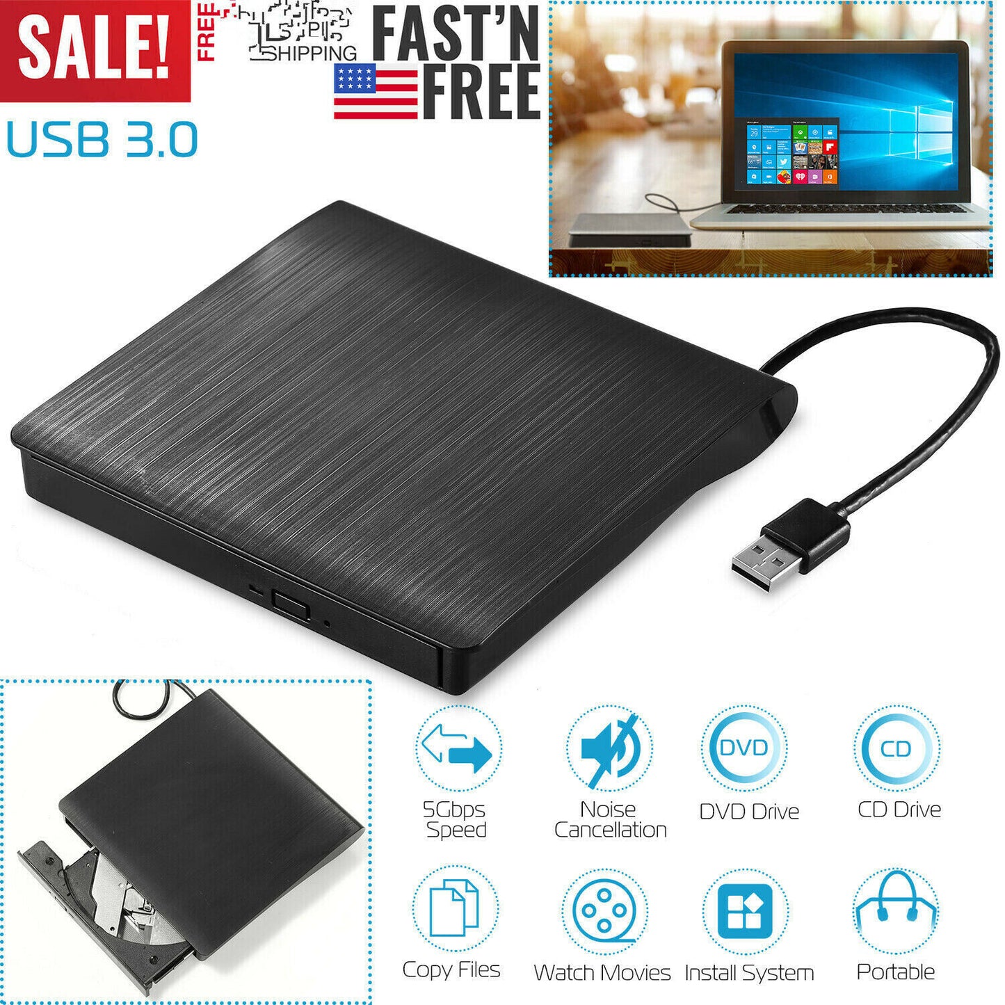 External CD Drive USB Portable CD DVD Drive ROM for Desktop/Laptop/Mac OS