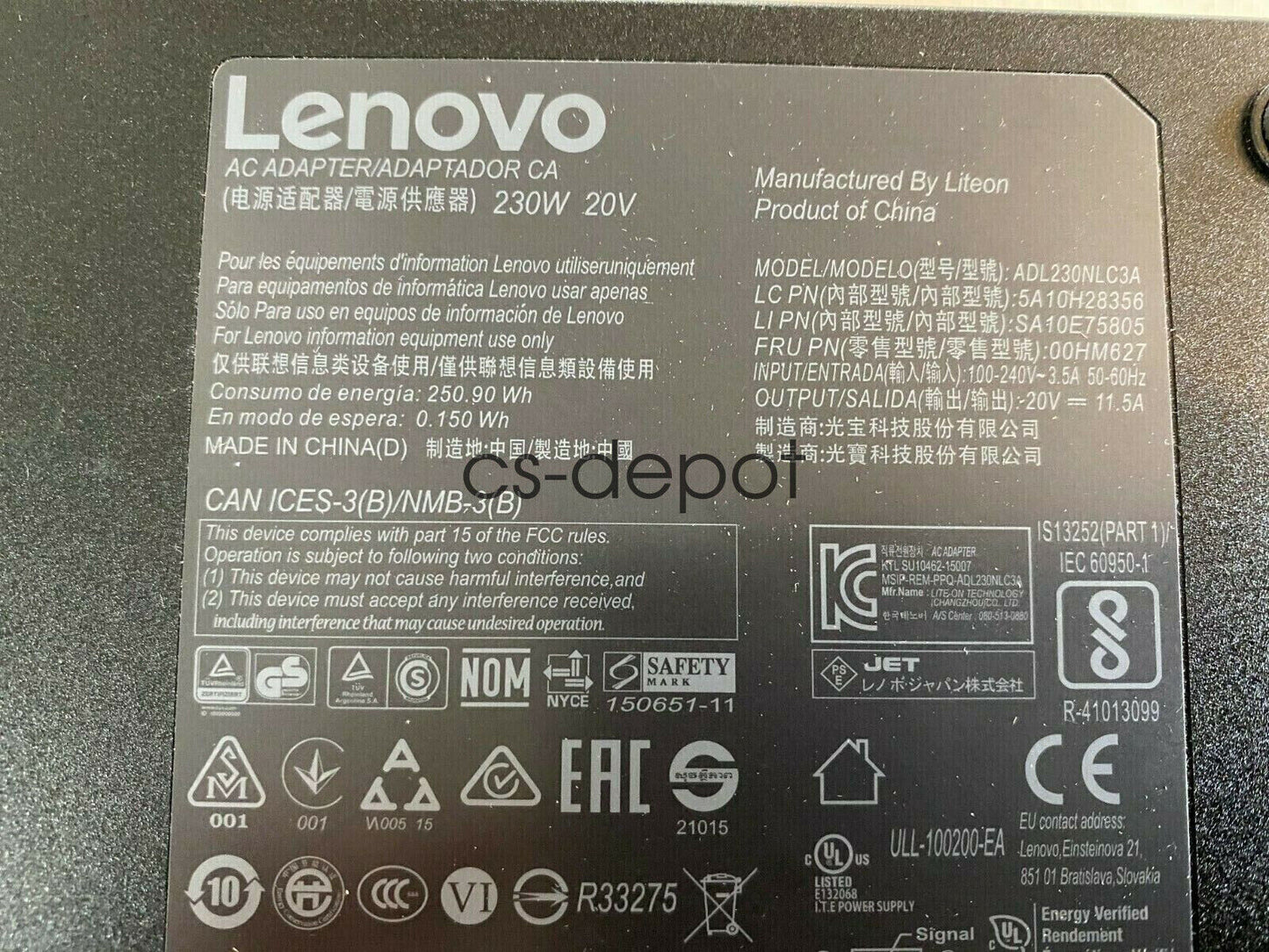 Lenovo 230W 20V AC Adapter ADL230SDC3A SA10R16888 02DL142 ThinkPad square OEM