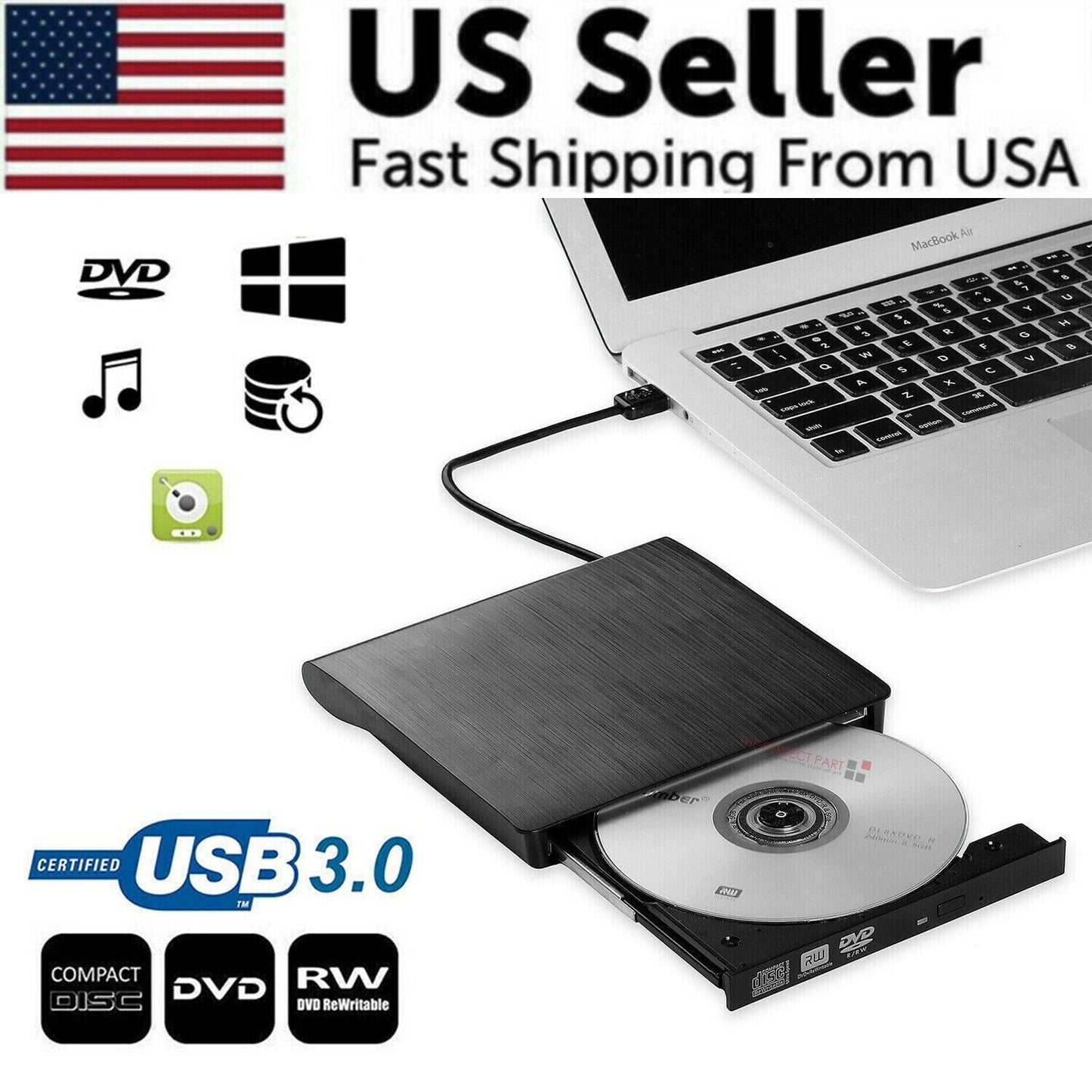 External Portable CD/DVD Drive Slim USB 3.0 Re-Writer Burner Reader RW Drive