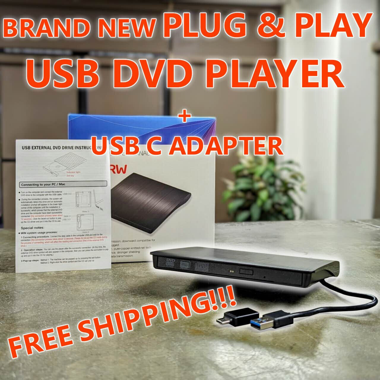 External Portable CD/DVD Drive Slim USB 3.0 Re-Writer Burner Reader RW Drive