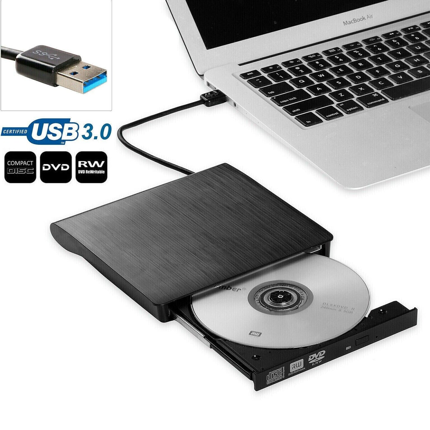 External Portable CD/DVD Drive Slim USB 3.0 Re-Writer Burner Reader RW Drive