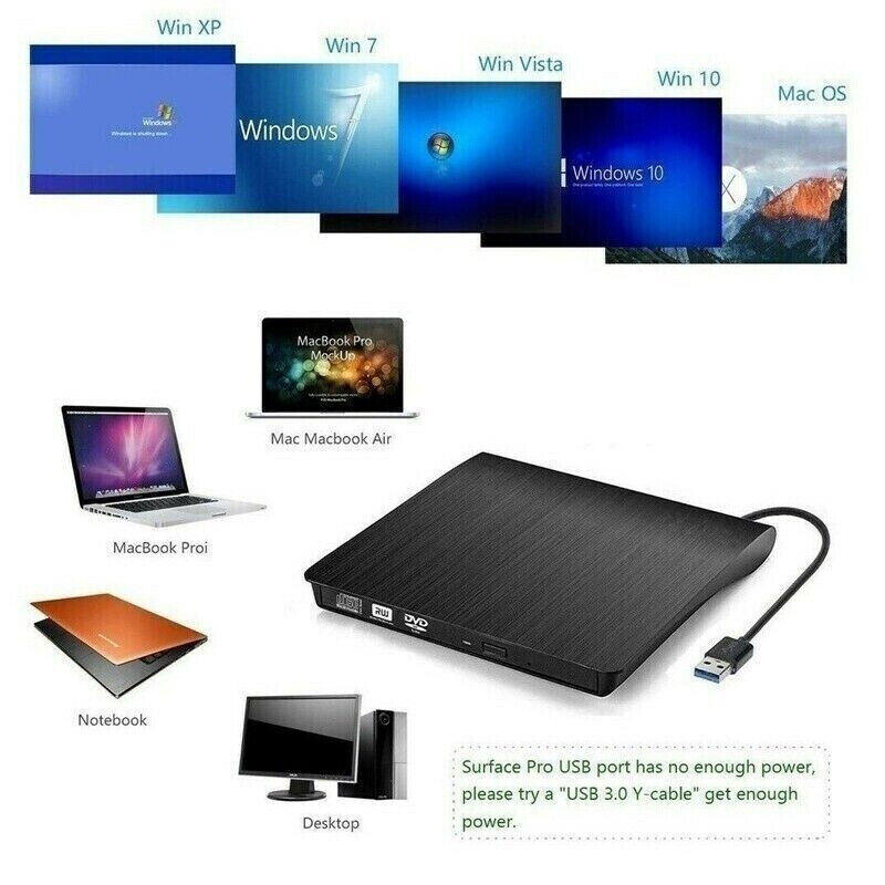 External Portable CD/DVD Drive Slim USB 3.0 Re-Writer Burner Reader RW Drive