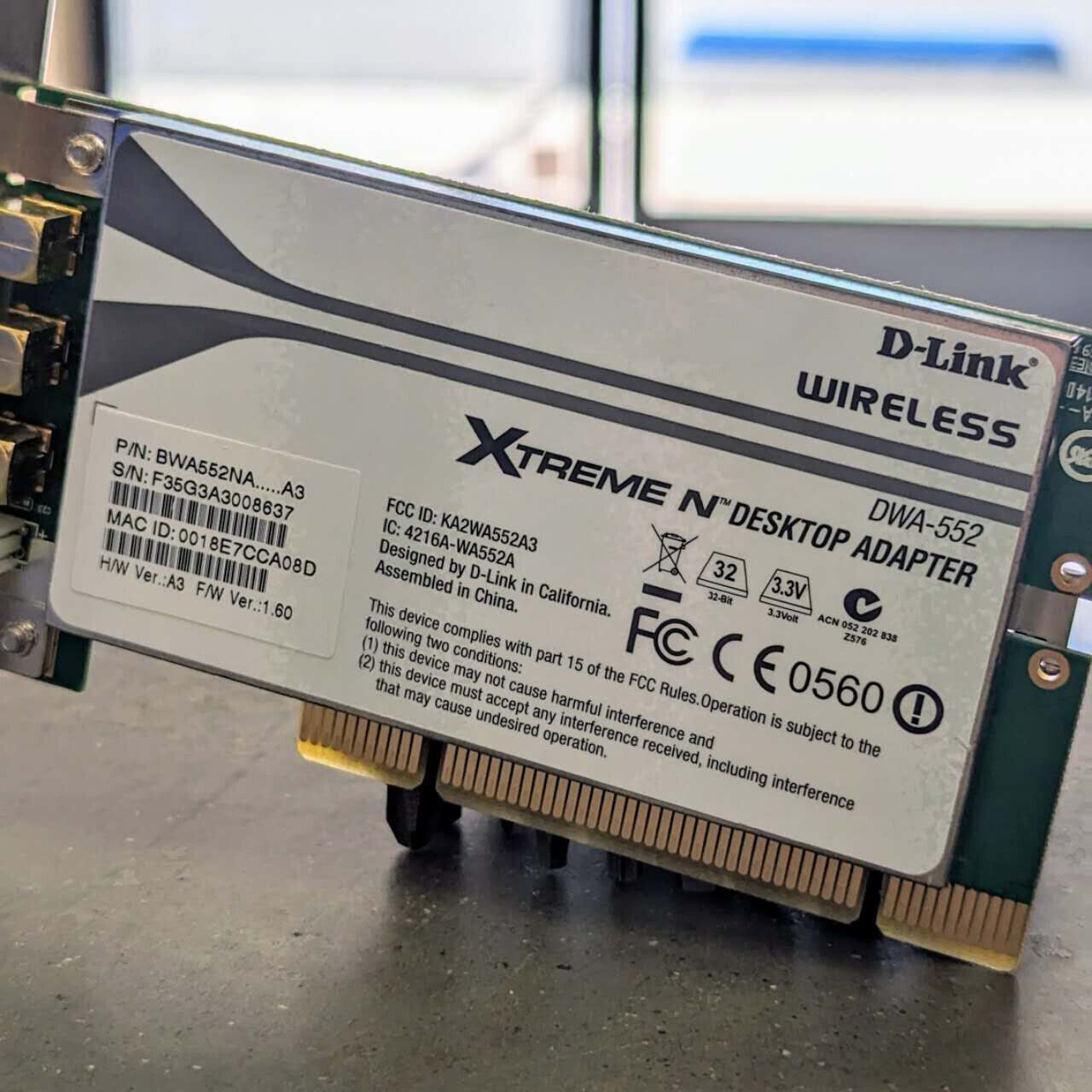 D-Link BWA552NA A3 DWA-552 Extreme-N Wireless PCI Adapter Desktop With Antennas