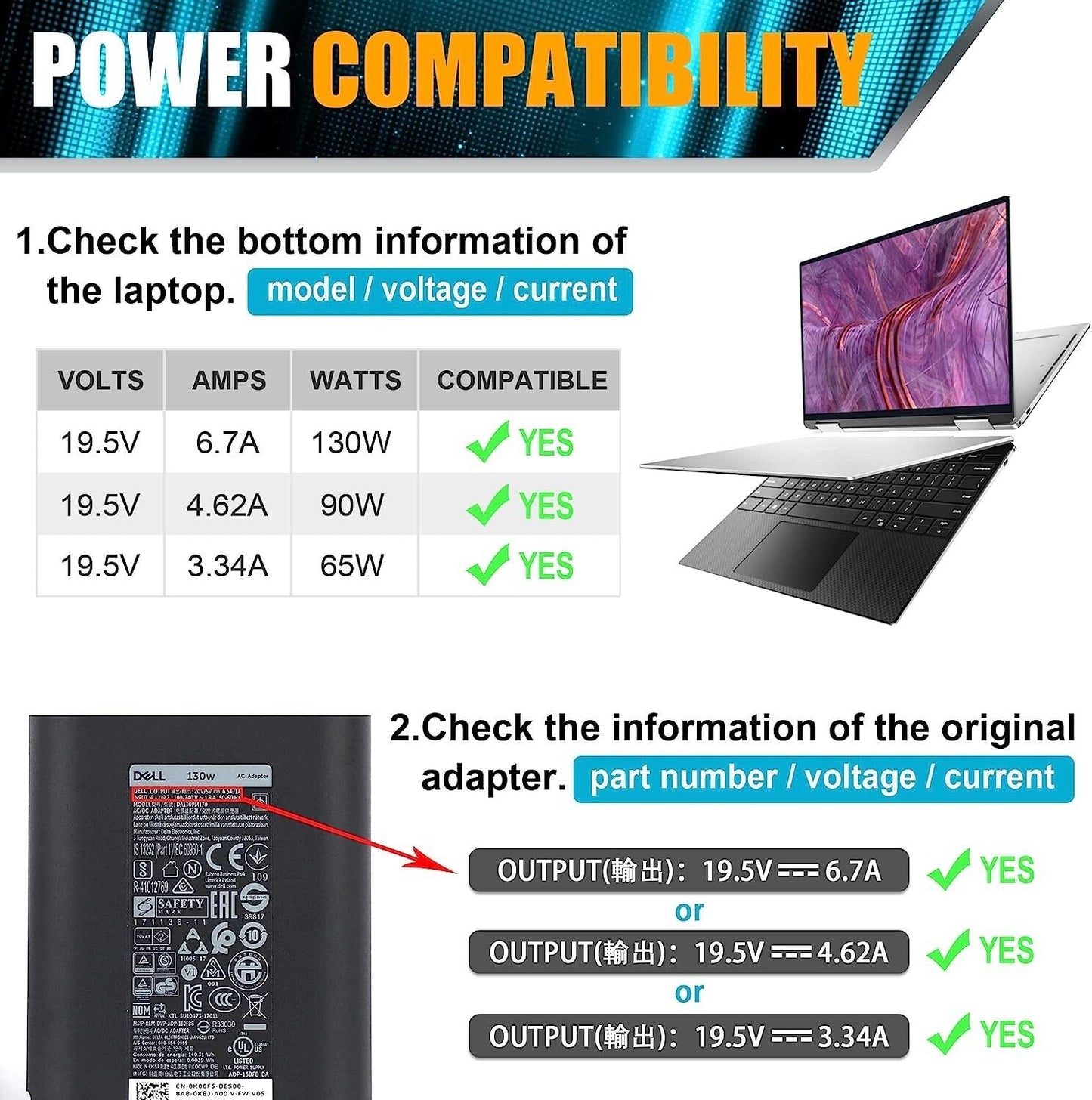 Dell XPS 15 7590 9530 9550 95609570 130W AC ADPTER 4.5mm LA130PM121 M1MYR charge