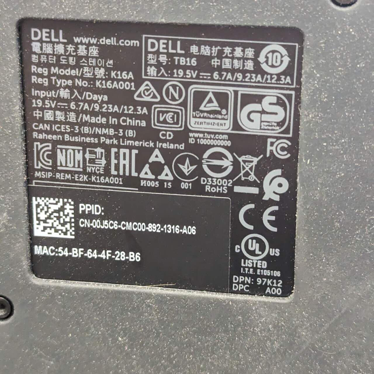 Genuine Dell Thunderbolt Dock USB Type-C 0J5C6 TB16 K16A w/ 130W Ac Adapter