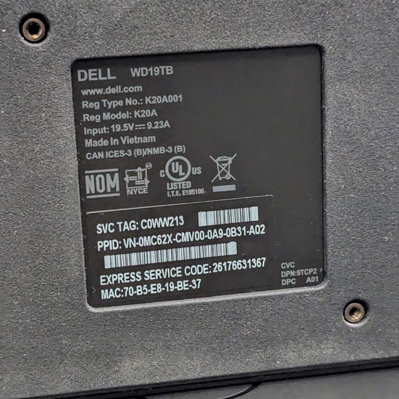 DELL WD19TB/WD19TBS USB-C Docking Station K20A K20A001 w/ 180W Power Adapter