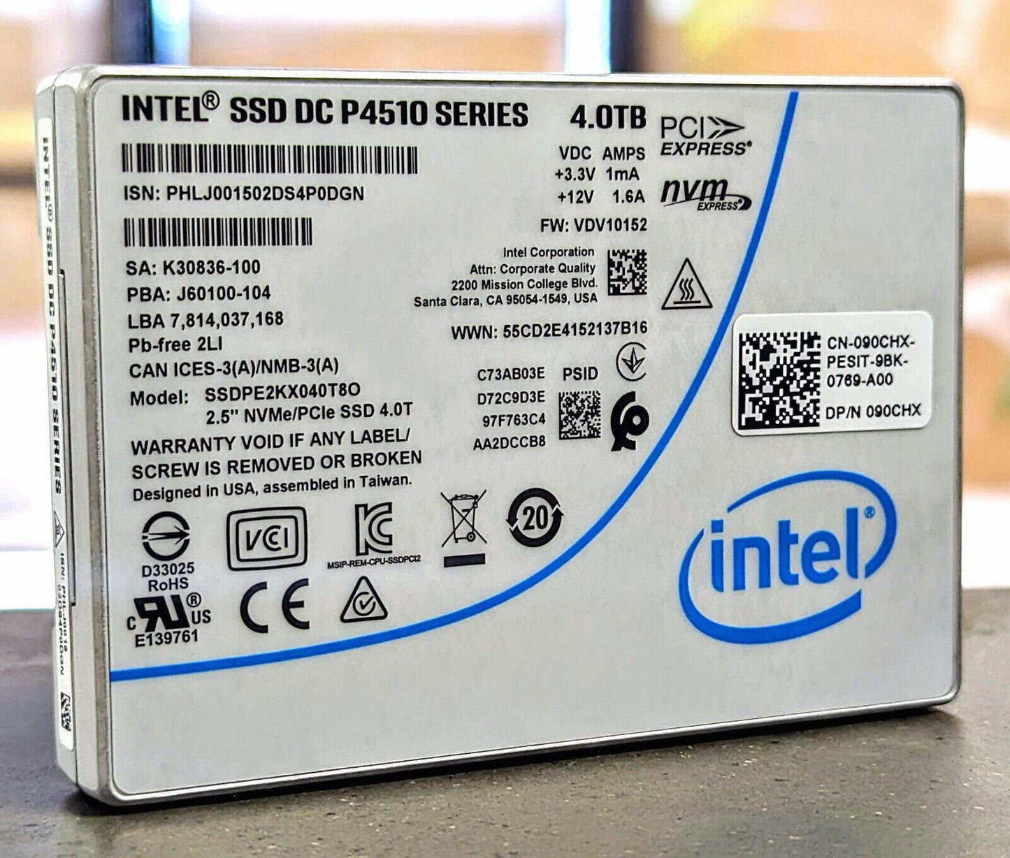 2.5" INTEL 4TB NVME SSD P4510 Series PCIE SSDPE2KX040T8 090CHX