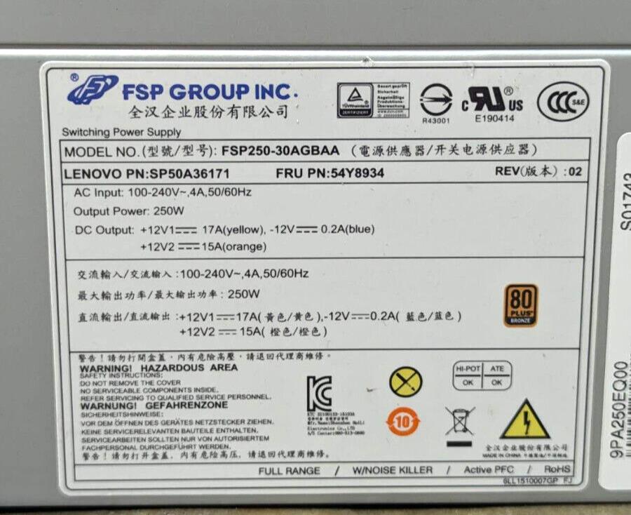 Lot of 3 Lenovo ThinkServer TS150 P310 SP50A36171 250W PSU FSP Huntkey AcBel