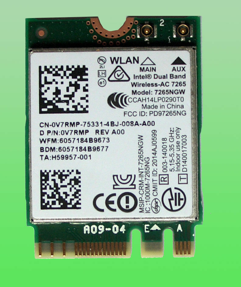 0V7RM Dual Band Wireless-AC7265 Model 7265NGW 802.11ac 867 Mbps M.2