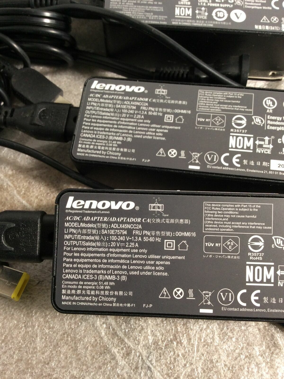 Lot Of 5 Lenovo ThinkPad 45W Laptop Square Tip AC Power Adapters ADLX45DLC2A