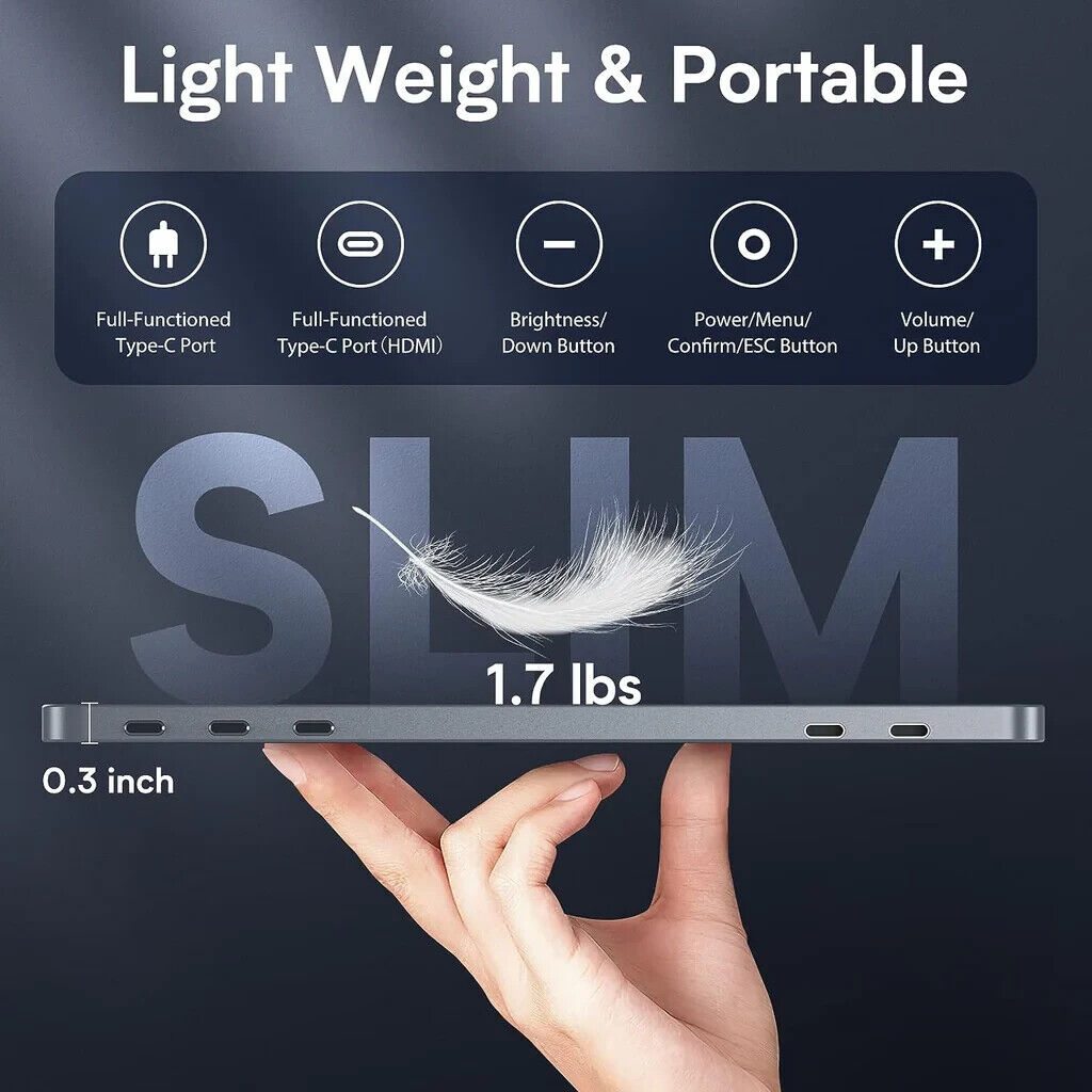 Portable External Monitor 15.6 USB-C HDMI Gaming IPS Display Eye Care Screen B