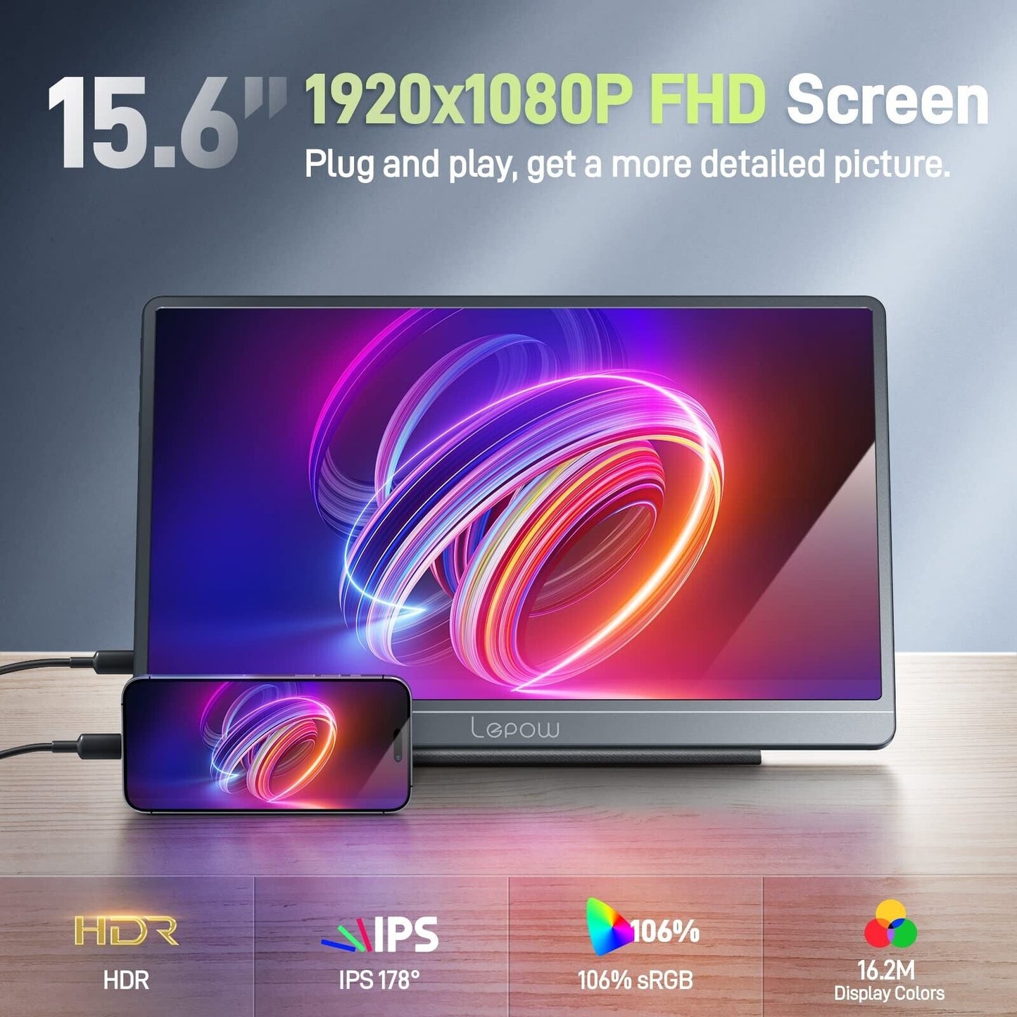 15.6 Inch 1080P Gaming IPS HDR Screen Monitor Portable Screen w/ HDMI USB-C