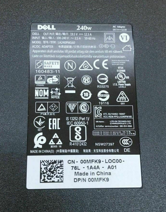 Dell 240W AC Adapter LA240PM160 GA240PE1-00 00MFK9 0FWCRC 19.5V 12.3A OEM Large