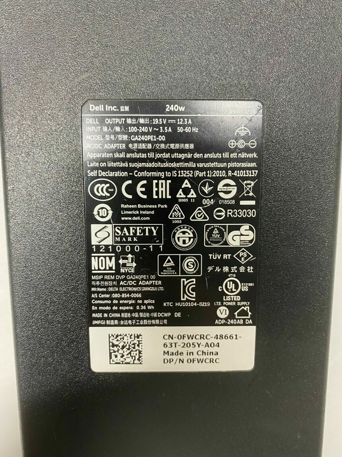 Dell 240W AC Adapter LA240PM160 GA240PE1-00 00MFK9 0FWCRC 19.5V 12.3A OEM Large