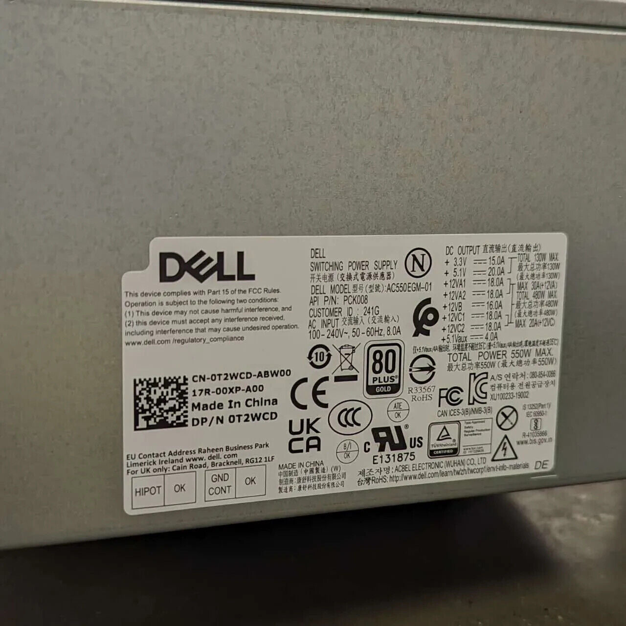 Dell Precision 3630 3640 Alienware Aurora R10 R11 R12 550W ATX PSU JWYTY 80+