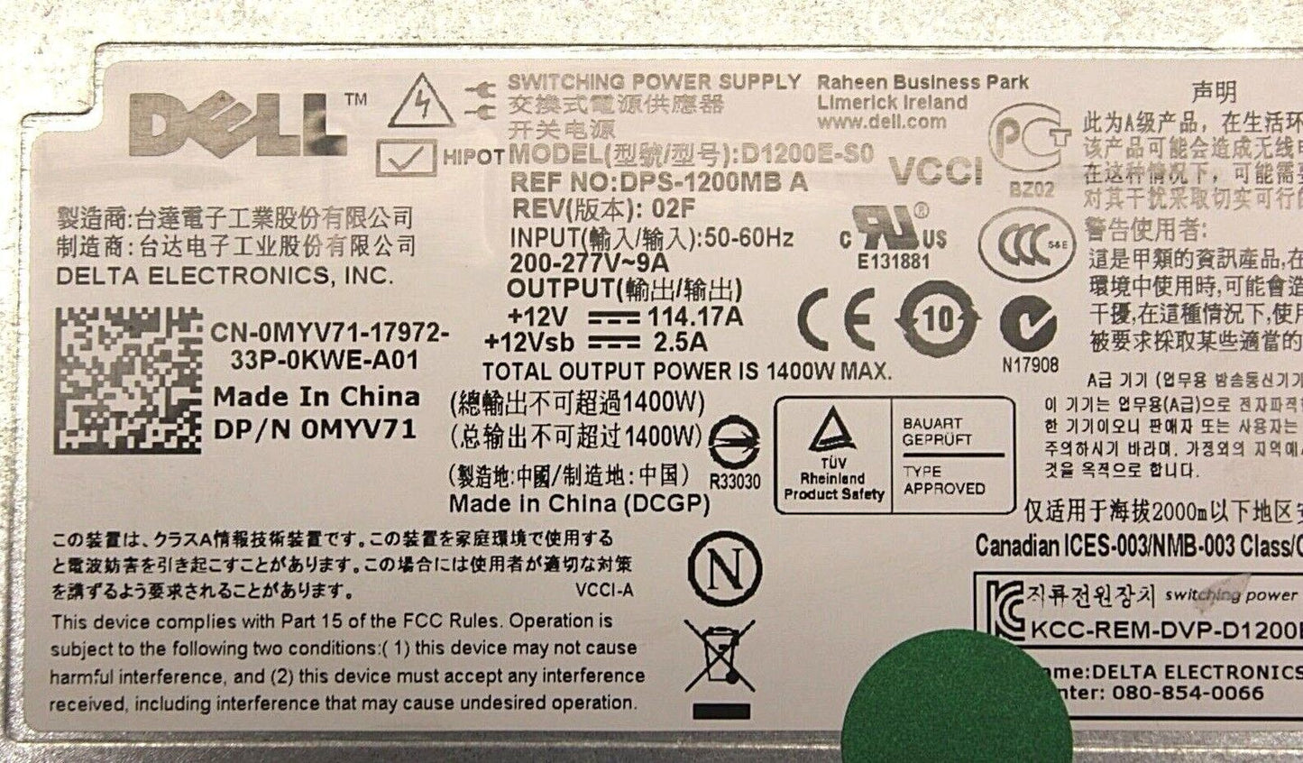 Dell MYV71 4V04J KJYY0 D1200E-S0 1400W PSU PowerEdge C5125 C6199 C6220