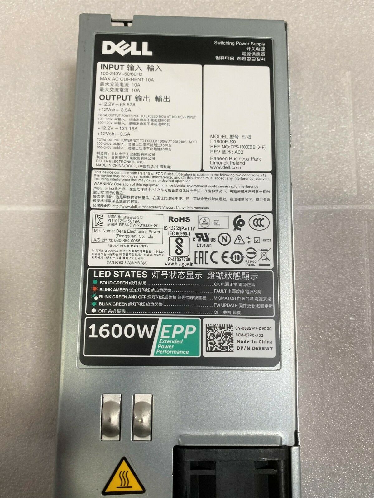685W7 95HR5 Dell 1600W Power Supply for PowerEdge FX2 VRTX T430 T630 D1600E-S0