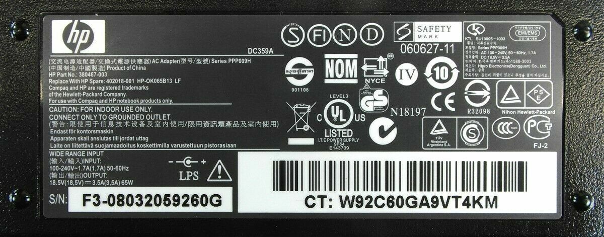 OEM HP Compaq Presario C300 C500 C700 F500 F700 65W AC Power Adapter Charger