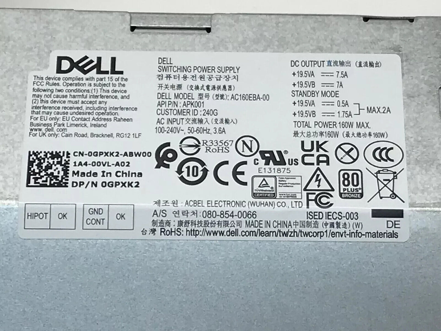 Dell 160 Watt Switching Power Supply GPXK2 0GPXK2 AC160EBA-00 for OptiPlex 7480
