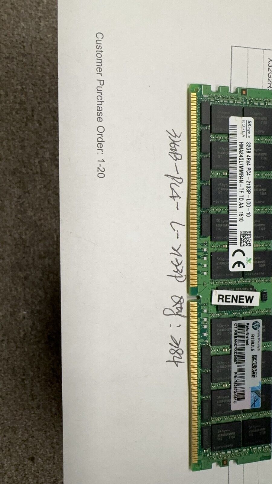 Lot 72 SKHynix 32GB PC4-2133p-LD0-10 RAM + lot 32 SKHynix 64GB 2400T-LE1-11