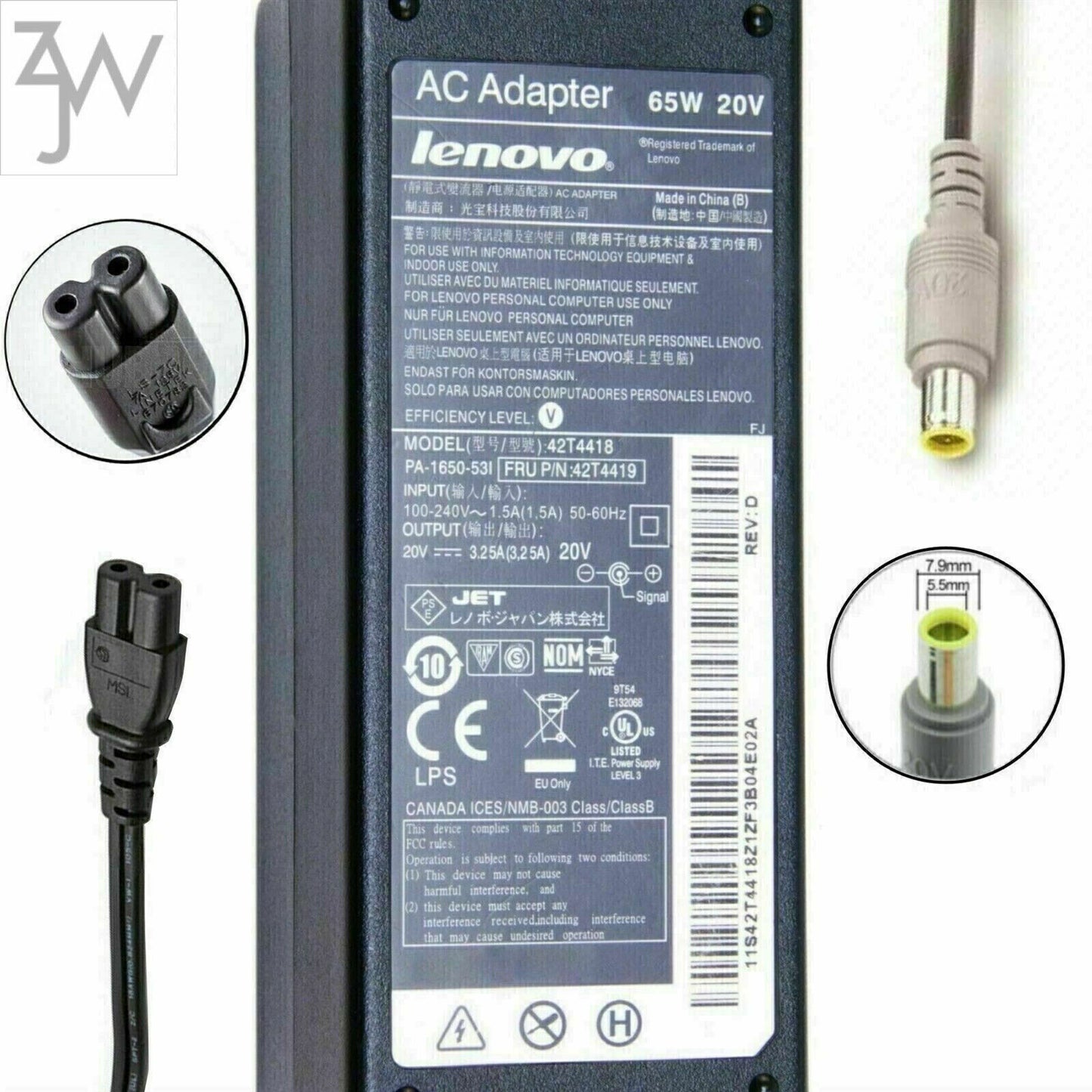 LOT 100 Lenovo Thinkpad T420-4180 92P1159 65W Large Round AC Power Adapter Cable