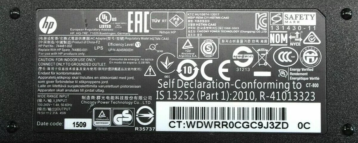 OEM HP 45W 19.5V 2.31A Adapter 7.4mm Large Tip, 744481-003 Power Supply