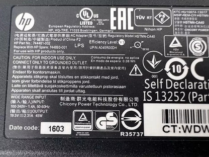 OEM HP 45W 19.5V 2.31A Adapter 7.4mm Large Tip, 744481-003 Power Supply