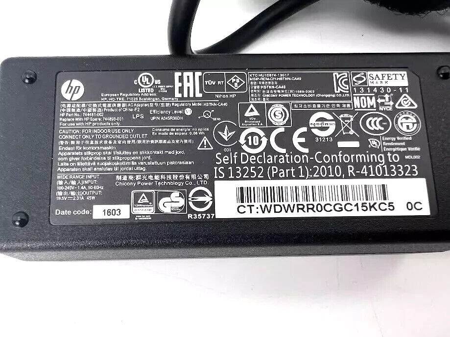 OEM HP 45W 19.5V 2.31A Power Adapter Supply 7.4mm Large Tip 744481-003