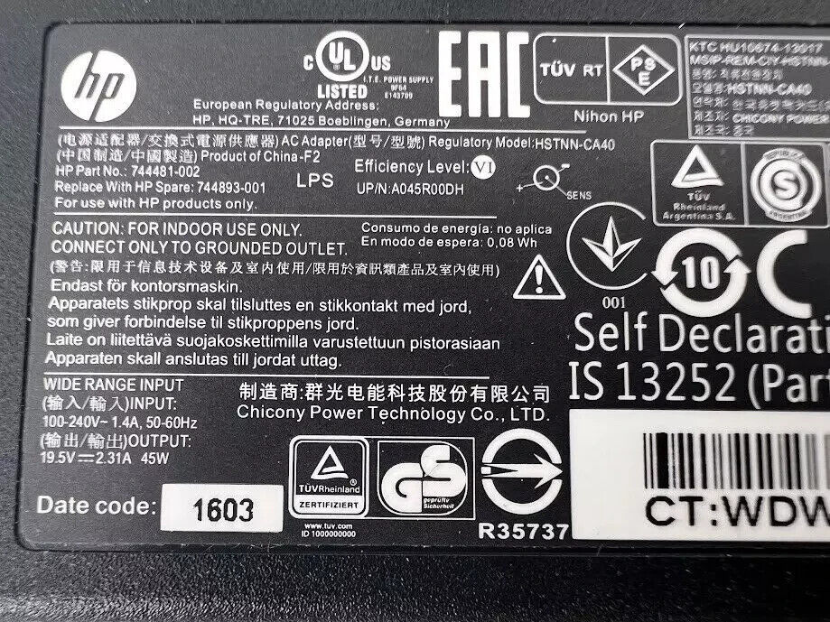 OEM HP 45W 19.5V 2.31A Power Adapter Supply 7.4mm Large Tip 744481-003
