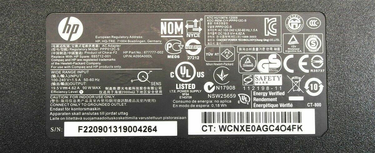 90W Genuine HP Laptop AC Power Adapter Charger PPP014L-SA 463554-001 463955-001