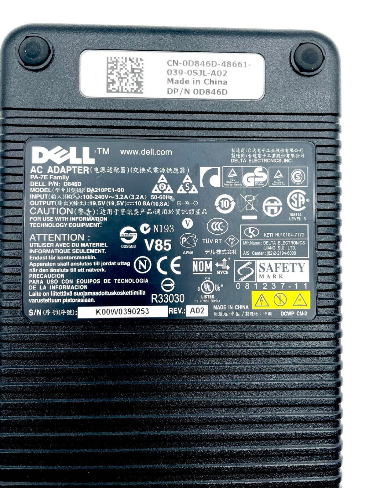 Genuine Dell 210W Laptop Charger AC Adapter Power Supply D846D PA-7E DA210PE1-00