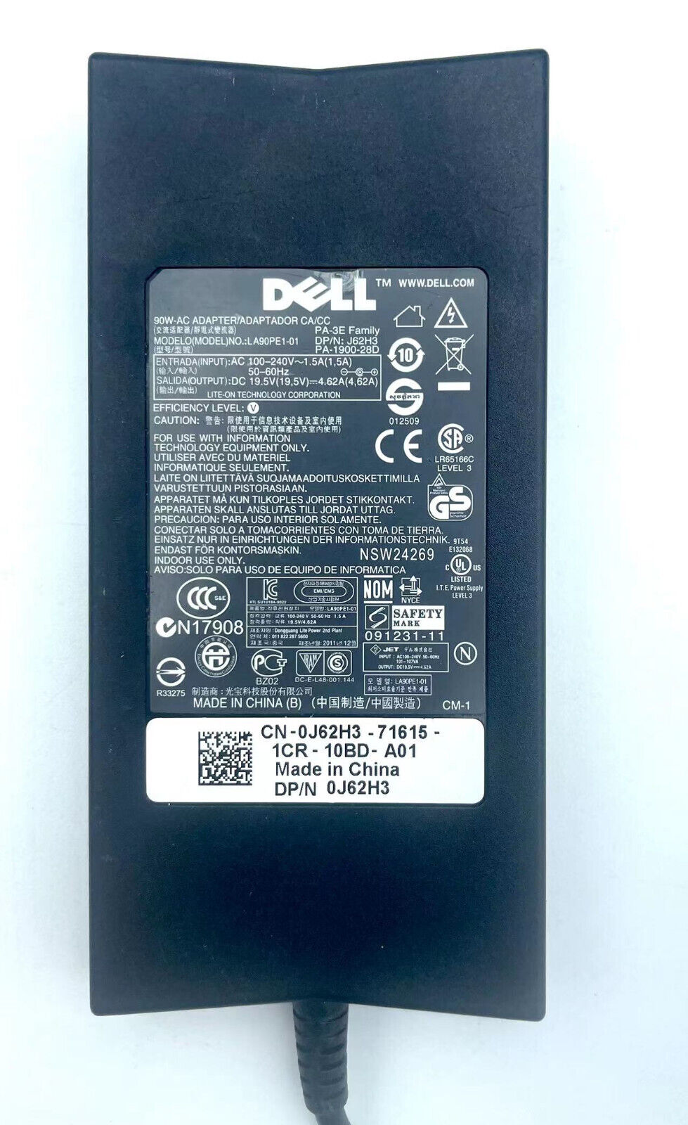 Dell 90W AC Power Charger PA-3E J62H3 0J62H3 LA90PE1-01  OEM Genuine 19.5V 4.62A