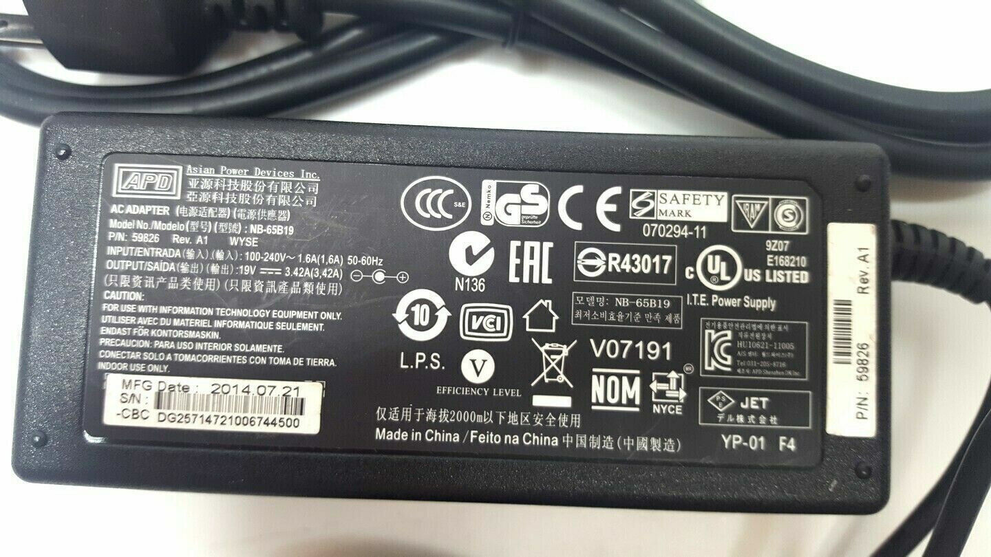 Genuine APD Dell Wyse Thin Client 65W AC Adapter Power Supply NB-65B19 5.5*2.5mm