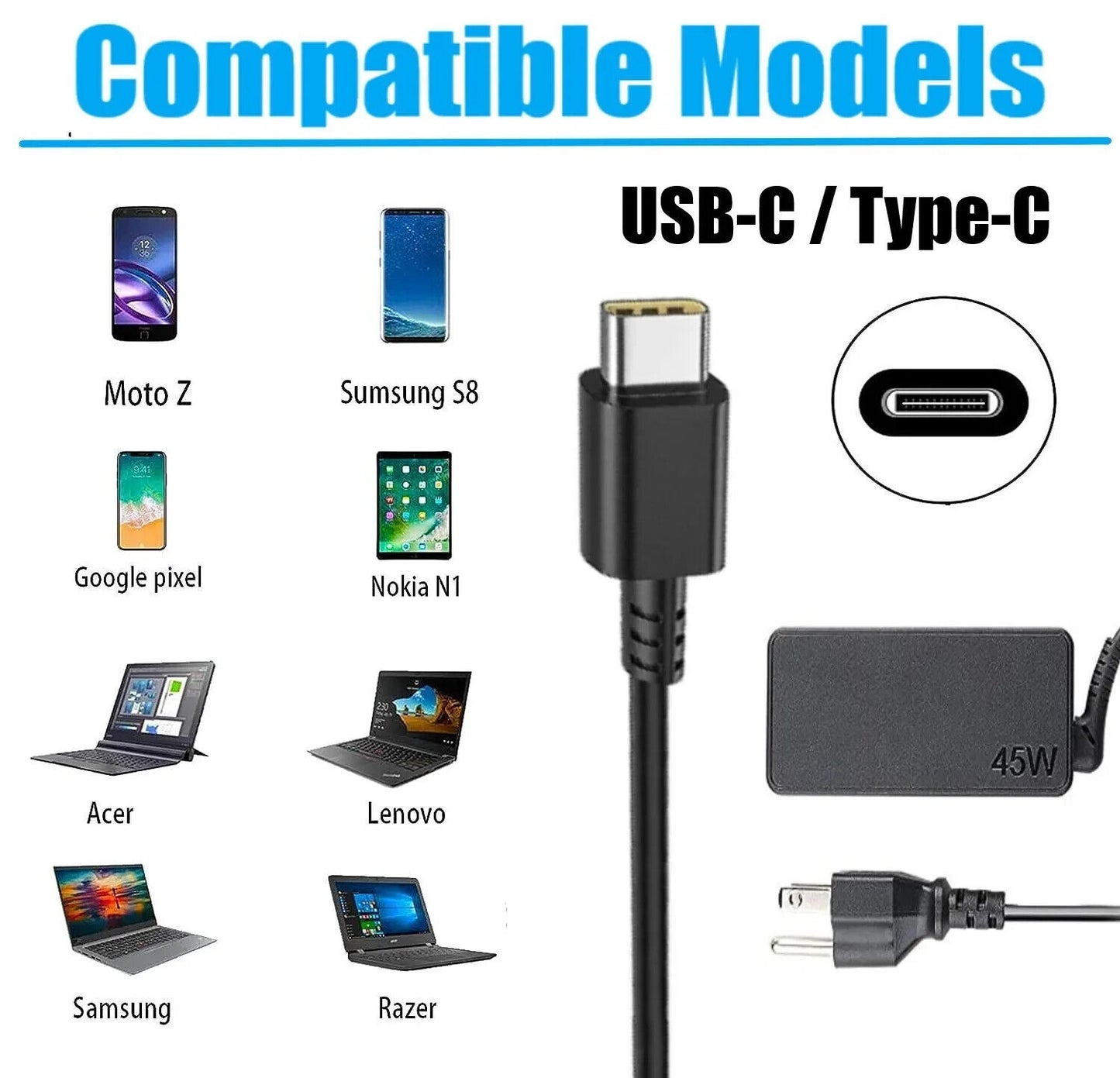 45W Type-C USB-C Laptop Charger for HP Chromebook Lenovo Dell Samsung Switch OEM