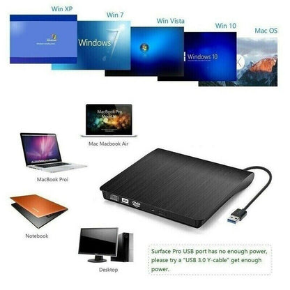External Portable CD/DVD Drive Slim USB 3.0 Re-Writer Burner Reader RW Drive