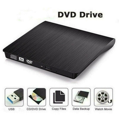 CD DVD RW External Drive USB 3.0 Writer Burner Player Black For Apple & PC