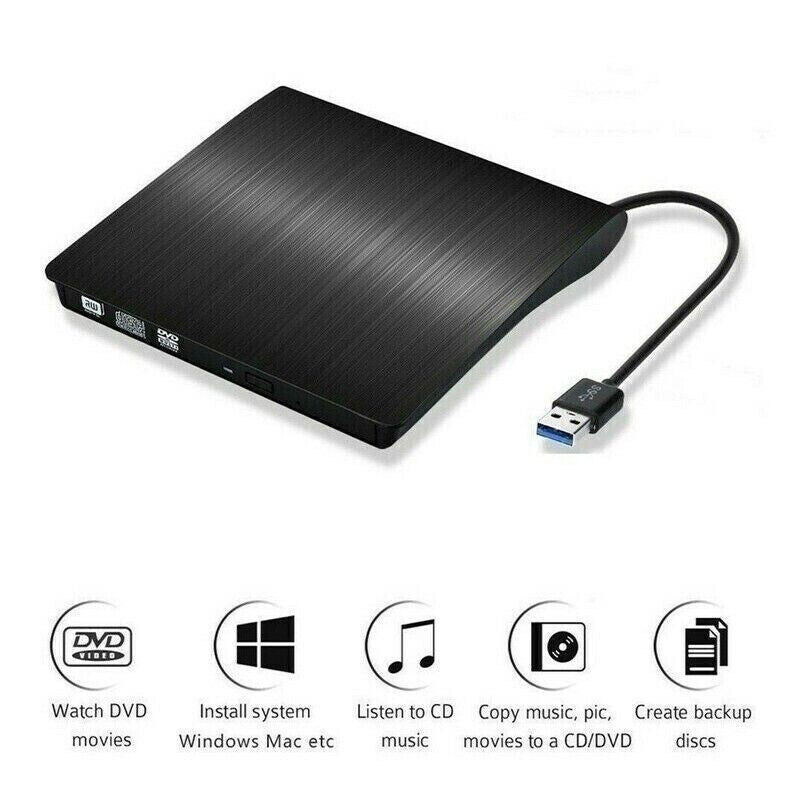 CD DVD RW External Drive USB 3.0 Writer Burner Player Black For Apple & PC