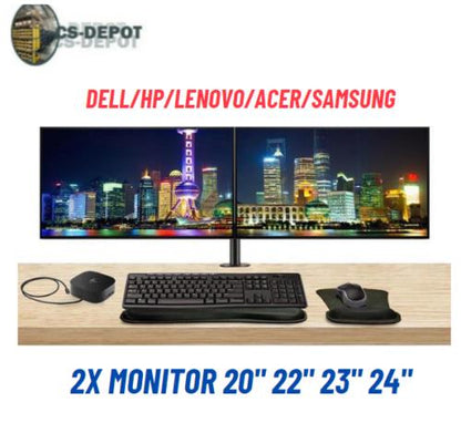 LOT 2 Dual Dell HP 22" 23" 24" 27" LCD Widescreen Monitor FHD 1080p Stand Cable