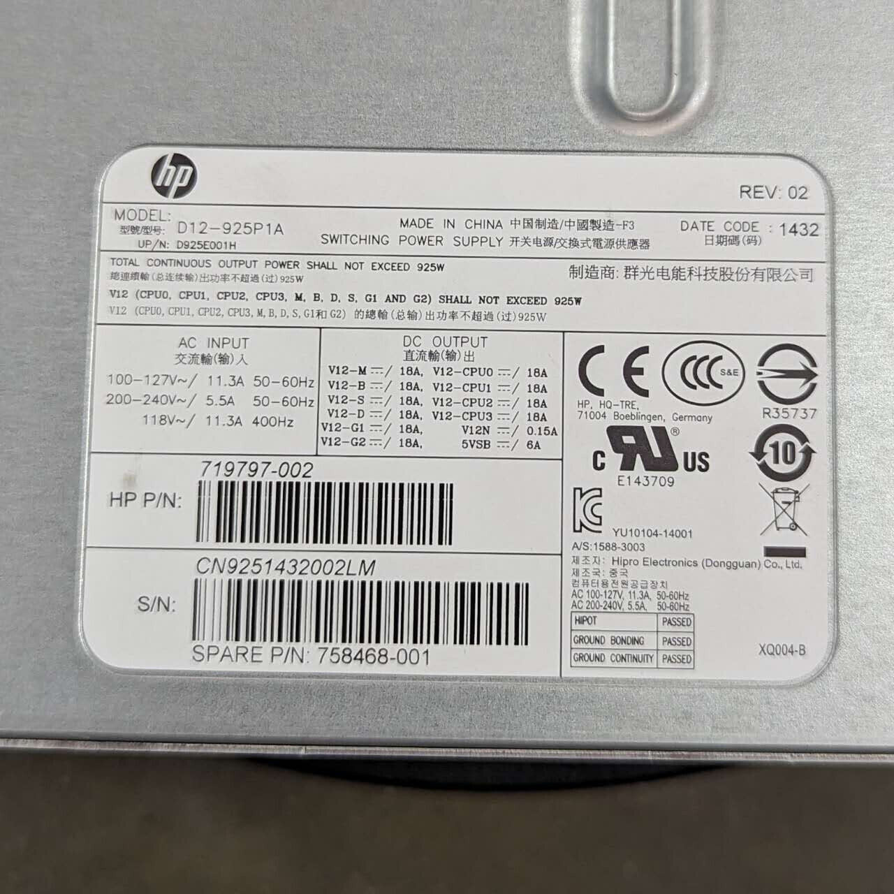 HP Z640 925W Switching PSU Power Supply Unit 758468-001 719797-002 100% Tested