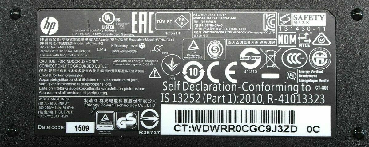 Genuine HP Laptop Charger AC Adapter Power Supply 744481-002 744893-001 45W